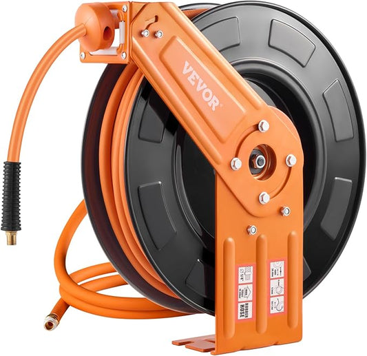 VEVOR Retractable Air Hose Reel, 3/8IN x 100FT Rubber Air Hose Max 300PSI, Air Compressor Hose Reel Auto-Rewind with 5FT Lead in, Ceiling/Wall Mount Heavy Duty Single Arm Steel Reel, 1/4" NPT Fitting