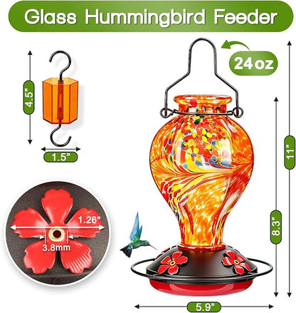 Hand Blown Glass Hummingbird Feeders for Outdoors Hanging, 24oz Wild Bird Nectar Feeder with Ant Moat and Perch, Bee-Resistant Ports, Garden Decor, Gifts for Women Mom, 1 Pack, Orange Phoenix