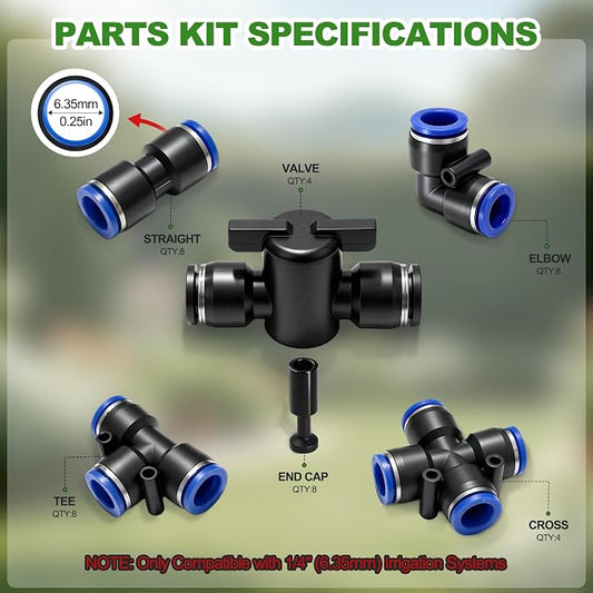 40PCS 1/4" Drip Irrigation Fittings, Quick Connect Drip System Parts | 1/4 Quick Connect Fittings Kit, Including Straight, Tee, Elbow, Cross Connectors, Valves, End Caps, DIY Garden Watering Setup