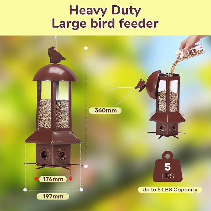 Squirrel Proof Bird Feeders, 5lbs Heavy Duty Metal (Brown) | Weight-activated mechanism bird feeders for outdoors, 6 Chew-proof feeding ports