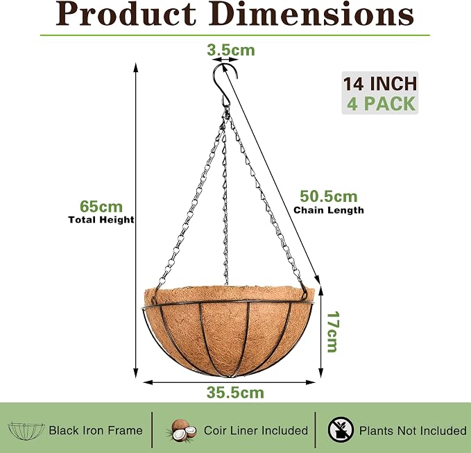 EIMQUVW Outdoor Metal Hanging Planters Basket (4pack, 14 inch) Hanging Baskets for Plants Chain Round Wire Plant Holder with Coco Fiber Liners for Garden, Patio, Deck, Porch