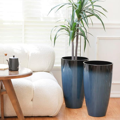 Sun-E Tall Planters for Front Porch 2 Pack, 21-Inch Large Outdoor Planters with Removable Insert Shelf, High Glossy Glazed Ceramic-Look Tall Blue Flower Pots for Indoor Corner Patio Entryway Decor