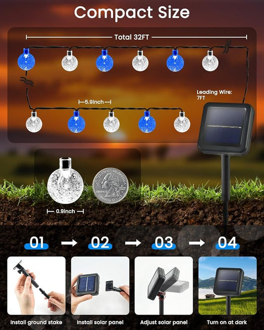 2-Pack 64FT 100 LED Blue and White Crystal Globe Solar String Lights Outdoor, Waterproof Solar Powered Lights for Outside, 8 Lighting Modes Patio Decorations for Garden Yard Wedding Porch Party Tree