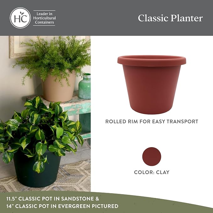 The HC Companies 17 Inch Classic Round Planter Pots with Drainage, Rolled Rim Plastic Planters for Indoor & Outdoor Plants, 2-Pack Decorative Flower Pots for Garden, Office & Home Decor, Clay