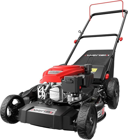 AMERISUN 21” Gas Push Lawn Mower, 144cc 4-Stroke OHV Engine, 3-in-1 Mulching/Side Discharge/Rear Bag, 6-Height Adjustment, High Wheel Walk-Behind Lawn Mower for Medium to Large Yards