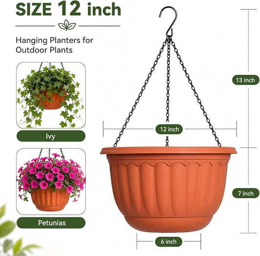 YIKUSH 12 Inch Hanging Planters for Outdoor Plants, 2 Pack Plastic Hanging Flower Pots with Drainage Hole & Tray, Hanging Basket Style Pots for Porch Patio Balcony Decor (Terracotta Color)