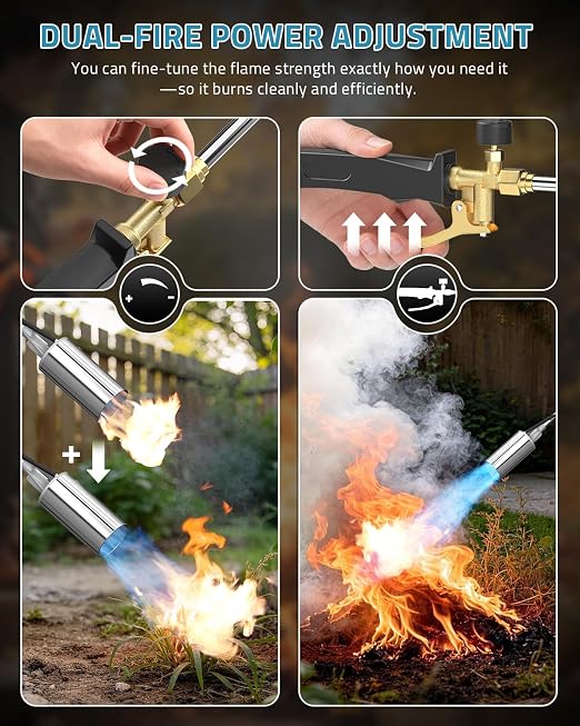 PAULINN Propane Torch Weed Burner, High Output 340,000 BTU Flamethrower with QCC 12 FT Hose, Compatible with 1 lb Propane cylinders and Any Standard 5–100 lb Tanks, Self-Ignite & Dual Flame Control