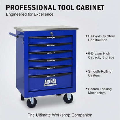 6-Drawer Rolling Tool Chest, Lockable Stainless Worktop for Garage, Blue | Heavy Duty Metal Tool Cabinet with Drawers on Wheels for Warehouse and Workshop Storage