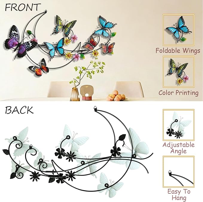POXOHO Metal Butterflies Outdoor Decor, Indoor & Outdoor Decor, 23.2"×14.7" | Hanging butterfly decorations for fence garden yard patio, 3D & colorful print, gardening gift for men women
