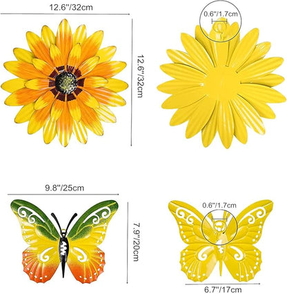 Meduofon Metal Flowers Outdoor Wall Decor, 4 Pack Metal Flower & Butterfly Wall Art Decor Outdoor or Indoor, Wall Sculptures for Deck Decor, Garden Fence, Yard, Patio, Porch, Bedroom, Living Room