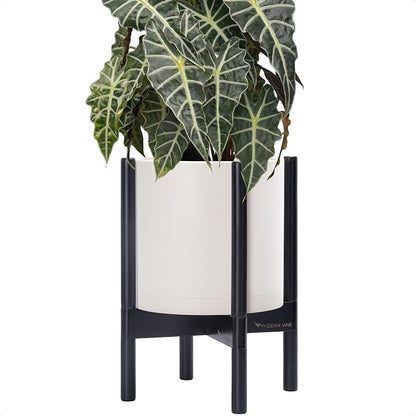 D'vine Dev Plastic Pot with Ebony Wood Stand, Oatmeal, 10 in, 55-C-N-4 | Mid-Century Inspired Design, Elevated Plant Display, Clean Lines, Sturdy Support, Modern Space-Saving Style