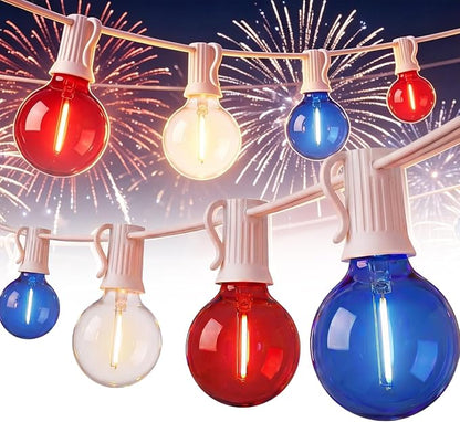 4th of July G40 LED Red White and Blue Lights, 25ft Outdoor String lights | Hanging Patio Lights with 27 Shatterproof Round Bulbs, Plug in, Connectable, Independence Day Decoration Patriotic Party
