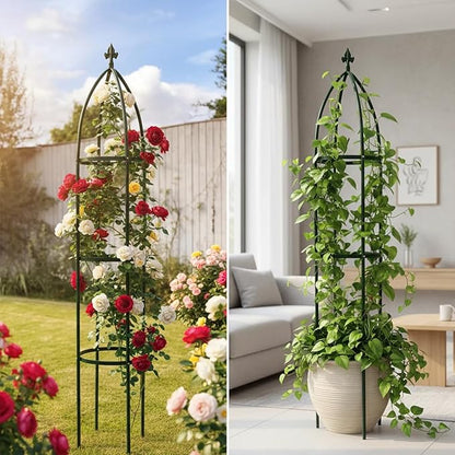 100% Metal Garden Obelisk Trellis Heavy Duty 6.3 ft for Climbing Vines | Upgraded 16mm Thick Steel Tubes Rustproof Green Tower, 4.9lb Tall Plant Support Stands for Flowers, Roses, Clematis & Tomato