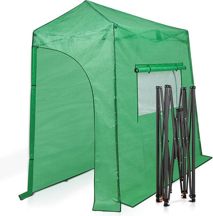 EAGLE PEAK 9x4 Portable Walk in Greenhouse, Pop Up Indoor Outdoor Greenhouse, Green House Kit with Zippered Roll-Up Doors and Windows, Lean-to Design, PE Cover, Clear/Green