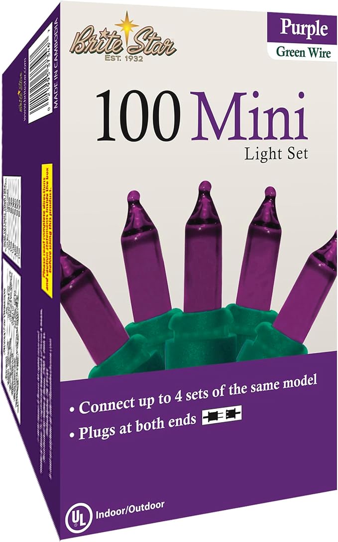 Brite Star 100 Count Mini String Christmas Lights, Purple - 22 feet Indoor/Outdoor Christmas Tree Lights with Green Wire