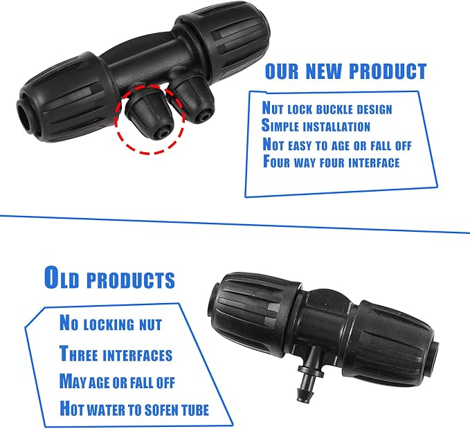 1/2 Inch to 1/4 Inch Tubing Irrigation Fittings for (1/2'' ID x 0.60''-0.63'' OD) 16mm Drip Tubing,Locked Barbed Tee Connectors (10 Pcs Barbed Tee 4-Way)