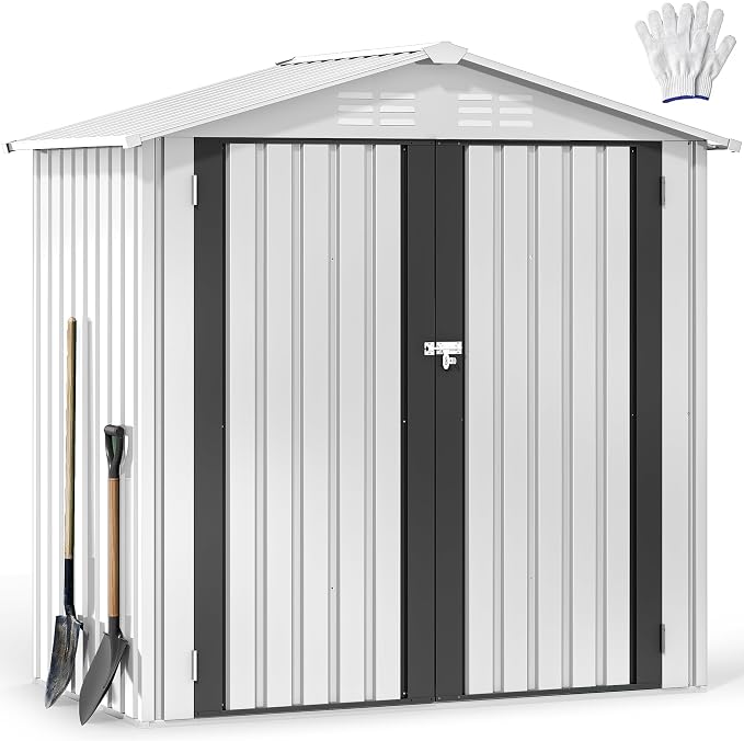 DWVO 6x4ft Small Tool Storage Shed, Lockable Doors, and Sloped Roof, Oversized Steel Outdoor Storage Shed for Garden, Patio, Garage, Backyard, Lawn - White