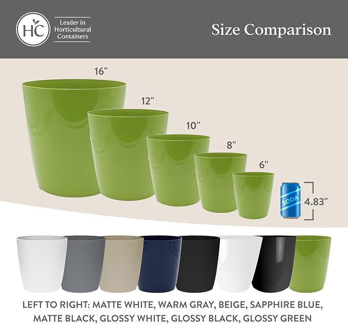 The HC Companies Aria Round Self-Watering Pot - Lightweight Plastic Planter for Herbs & More - Durable Plant Pots for Indoor Plants & Outdoor Plants (6" Glossy White, Pack of 2)