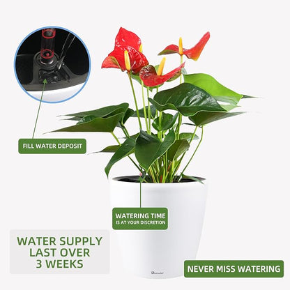 Dexceder 18x17 Self Watering Planter with Wheels (White Matte) | Inner Pot Design, Thickened Large Floor Standing Flower Plant Pot with Water Level Indicator Indoor Outdoor