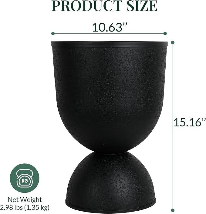 KOL Planters Flower Pots, Plastic Urn Planters for Indoor Outdoor Plants, Black Pedestal Planter Pots 2 Pack, 15 Inch Tall Decorative Planters with Drainage Holes & Plugs for Front Porch Patio Garden
