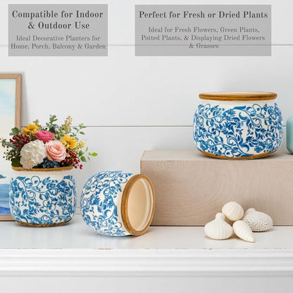 Vintage Ceramic Flower Pot - Indoor Outdoor Planters with Drainage Holes & Filter Screen, 6.5’’ Small Rustic Farmhouse Decorative Plant Pots for Garden/Patio/Balcony (Blue Vines, Small)