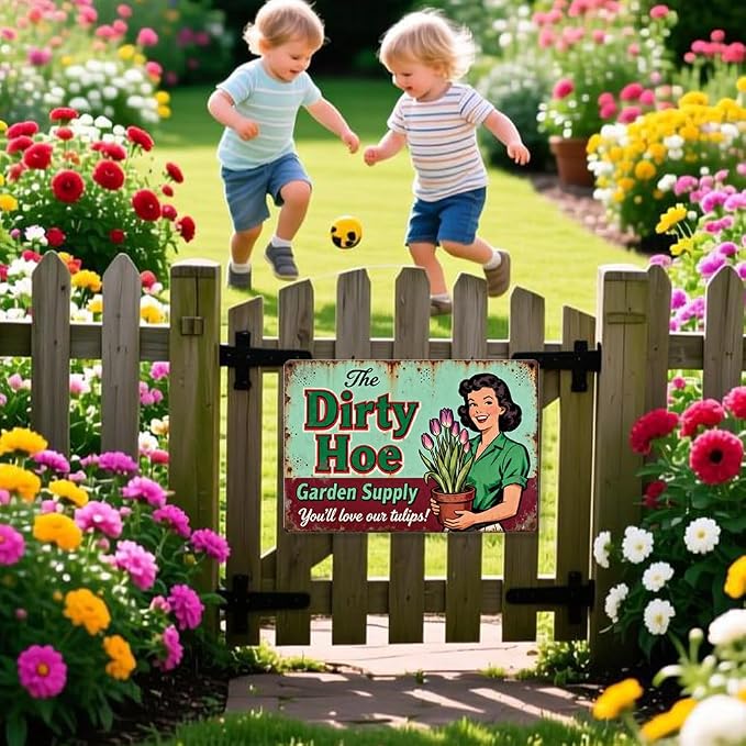 Funny Dirty Hoe Garden Supply Tulips Theme Metal Tin Sign Flowers Colorful Wall Art for Tulips Garden Art Wall Decor
