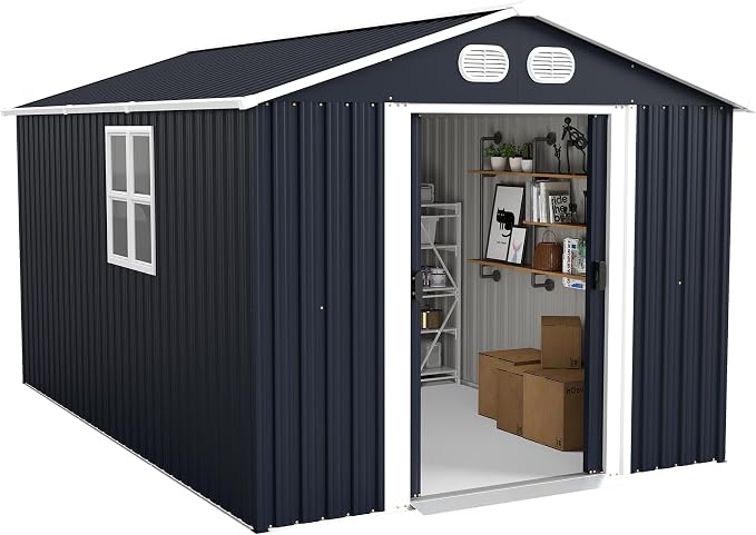 YOPTO 8x12 FT Outdoor Storage Shed, Metal Garden Shed with Window, Lockable Door & Sloped Roof, Large Waterproof Utility Tool Shed for Backyard, Garden, Patio, Lawn, Dark Gray