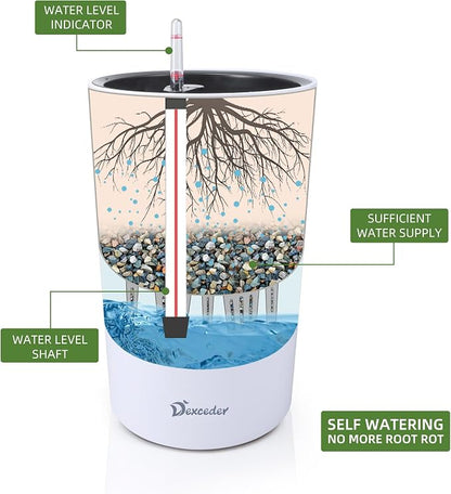 Dexceder 16x12 Self Watering Tall Planter (White Matte) | High Cylinder, Thickened Large Floor Standing Flower Plant Pot with Water Level Indicator Indoor Outdoor