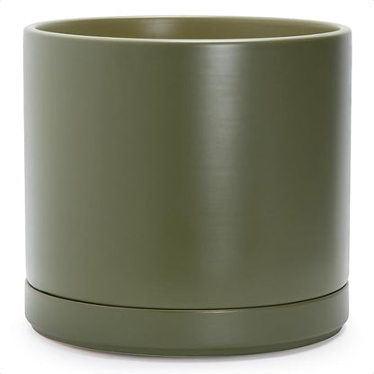 D'vine Dev 14 Inch Ceramic Planter Pot with Drainage Hole and Saucer, Indoor Cylinder Round Planter Pot, Olive, 94-O-G-J
