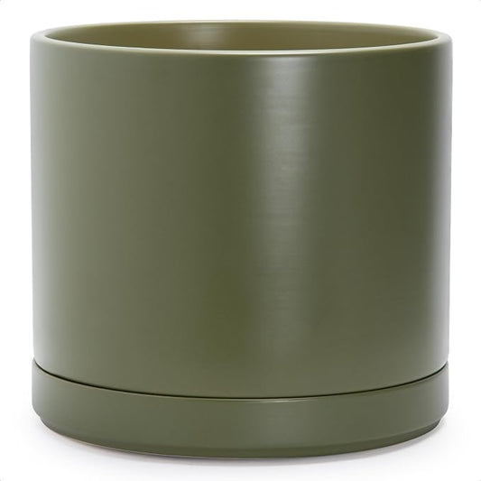 D'vine Dev 14 Inch Ceramic Planter Pot with Drainage Hole and Saucer, Indoor Cylinder Round Planter Pot, Olive, 94-O-G-J