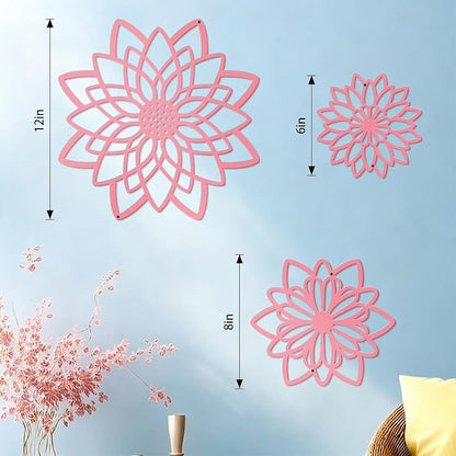 3 Pieces Metal Flowers Wall Decor, Black Wall Decoration Metal, Flower Art Wall Decor Farmhouse Wall Decorations Multiple Flowers Hanging Decor for Bathroom Living Room Home Kitchen Garden Office (Pink Concise)