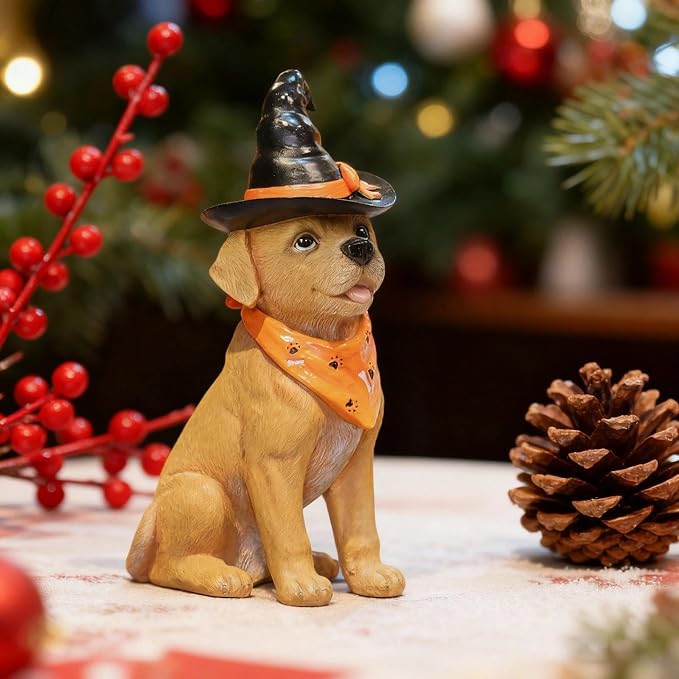 Holiday Decorations Indoor Dog Statue - Halloween Decor Figurine for Outdoor Indoor Mysterious Christmas Tabletop Puppy Sculpture Witch hat, Spooky Gifts Ghost Garden Decorations Rottweiler 5x7x13INCH
