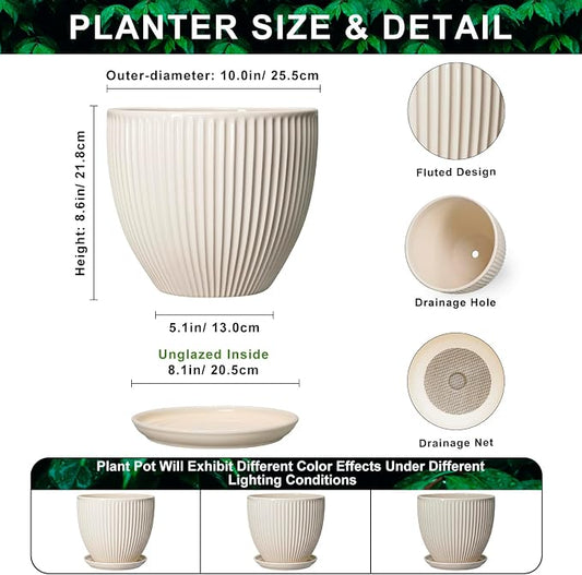 Ceramic Plant Pots, 10 Inch Pots for Plants with Drainage Hole and Saucer, Round Flower Pot for Indoor Plants, Decorative Indoor Planter, House Porch Decor, House Warming Gifts, Cream White