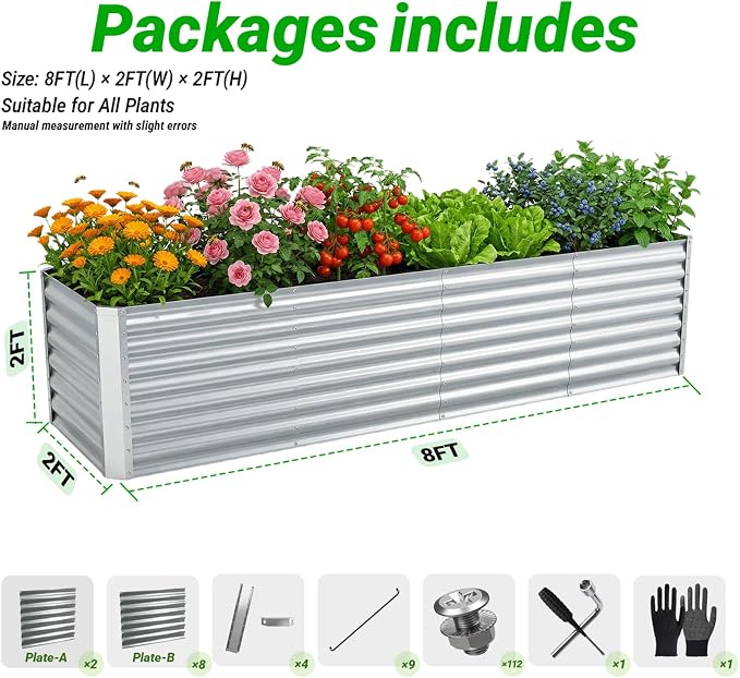 8x2x2 FT Galvanized Raised Garden Bed, Rectangle Elevated Metal Outdoor Planter Box, Large Planter for Flowers, Vegetables, Fruit and Herbs, 24-Inch Ergonomic Height Helps Reduce Bending, Open Bottom