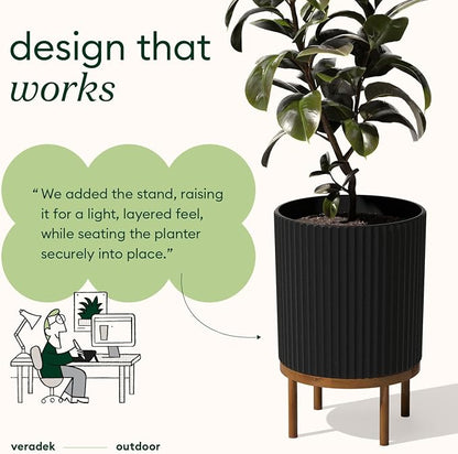 Veradek Demi Series Round Planter w/Stand for Porch/Patio | Durable Plastic-Stone Composite & Wooden Stand | Modern Décor for Tall Plants, Flowers