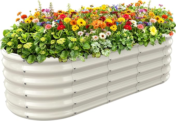17" Tall Oval-Shaped / Elliptic Metal Raised Garden Bed Outdoor Cream White | 60X24X17 Inch,1.5 FT Tall,0.8MM Thick Galvanized Metal Painted,for Variety of Flowers,Herbs,Vegetables.with Gloves,Tool free