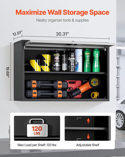 VEVOR Metal Wall Cabinet, 30.31 x 12.01 x 19.69 Inch, Floating Garage Tool Cabinet with Up-Flip Door and Shelf, 240 lbs Load Capacity, Fit for Garage, Basement, Kitchen, Warehouse Assembly Required