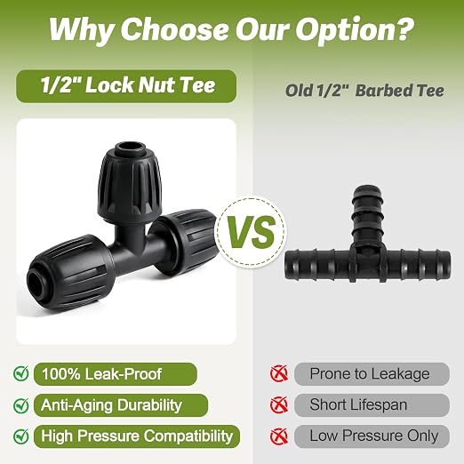 12 Pack 1/2 Inch Drip Irrigation Tee Fittings (1/2" ID x 0.6-0.65" OD), 1/2'' Dripline Barbed Tee Connectors with Anti-Drop Lock Nuts for Garden Lawn Irrigation System Connection