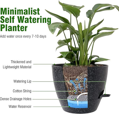 WSMKSZ 10 inch Self Watering Pots, Planter, Plant Pots with Mesh Drainage Holes for Indoor Outdoor House Plants and Garden, Pack of 2 Plastic Flower Pots with Deep Reservoir, Speckled Black