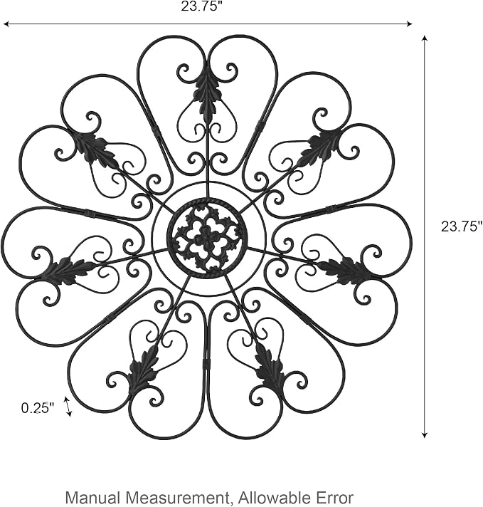 Glitzhome Outdoor Metal Wall Art Decor, Large Wrought Iron Scroll Wall Decor with Floral Design, Matte Black Finish, 23.75" D Exterior Garden Patio Porch Wall Decor