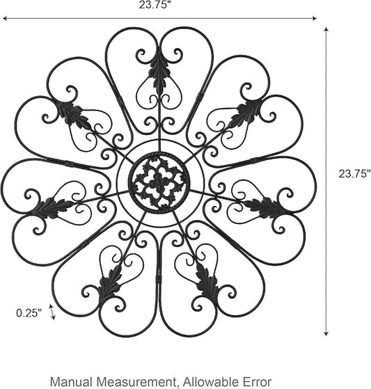 Glitzhome Outdoor Metal Wall Art Decor, Large Wrought Iron Scroll Wall Decor with Floral Design, Matte Black Finish, 23.75" D Exterior Garden Patio Porch Wall Decor