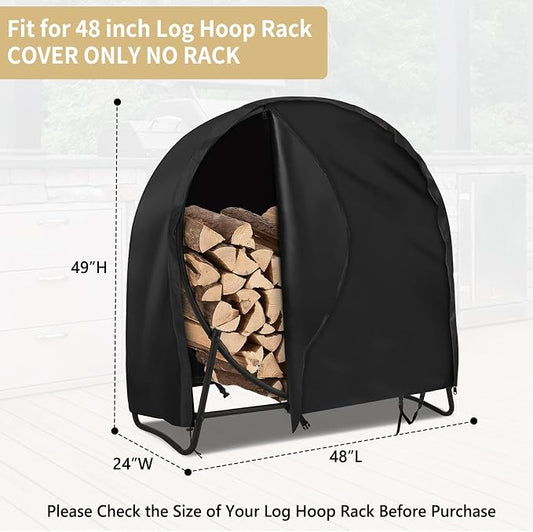 AKEfit 48 Inch Firewood Log Hoop Cover, Heavy Duty 600D Oxford Outdoor Waterproof Round Log Rack Cover with Zipper & 2 Windproof Buckle Straps & Drawstring