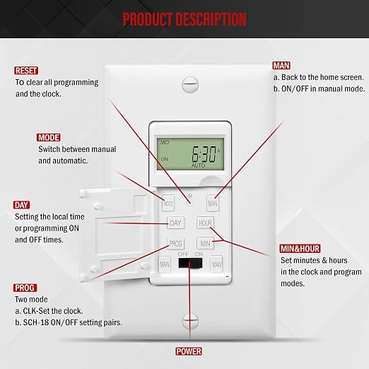 ENERLITES Programmable Digital Timer Switch for Lights, Fans, Motors, 7-Day 18 ON/OFF Timer Settings, Single Pole, Neutral Wire Required, UL Listed, HET01-C, White, 2 Pack