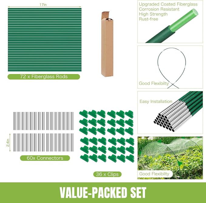 72 Pack Garden Hoops for Raised Beds, 12 Sets Fiberglass with PVC | Durable, Rust-proof, DIY greenhouse tunnel, For row cover, Bird netting, Plant frost protection, Extends growing season