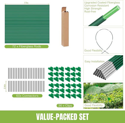 72 Pack Garden Hoops for Raised Beds, 12 Sets Fiberglass with PVC | Durable, Rust-proof, DIY greenhouse tunnel, For row cover, Bird netting, Plant frost protection, Extends growing season