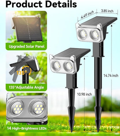 LETMY Solar Lights Outdoor Waterproof IP65, 2 Pack Solar Spot Lights Outdoor with 14 Big LEDs, 2-in-1 Wall Lights & 2 Modes Solar Landscape Spotlights for Pathway Yard Decor Garden Gifts (Warm White)