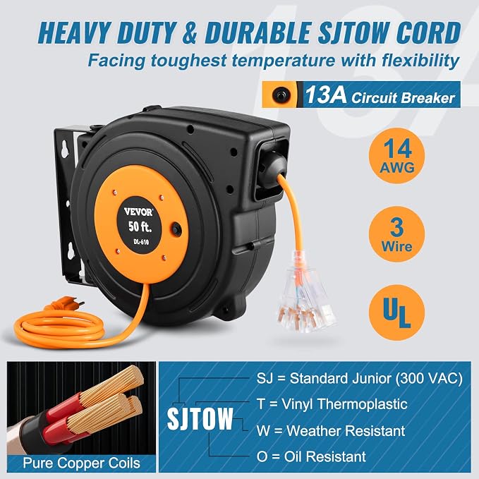 VEVOR Retractable Hose Reel, 65 ft x 5/8 inch, 180° Swivel Bracket Wall-Mounted & Retractable Extension Reel, 50 FT Heavy Duty 14AWG/3C SJTOW Power Cord