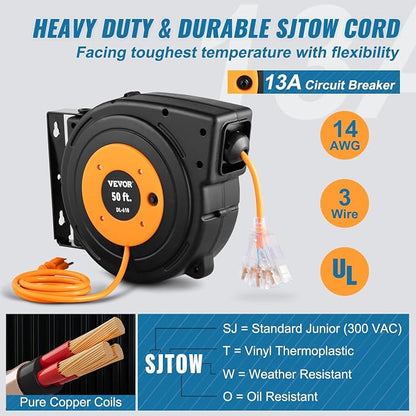 VEVOR Retractable Extension Cord Reel 50 FT with Triple Tap Outlet and VEVOR Retractable Air Hose Reel, 3/8 IN x 50 FT Hybrid Air Hose