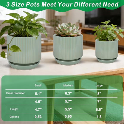 Ceramic-Flower-Pots-Sets-with-Saucer, 5/6/8 inch Small Planters for Indoor Plants with Drainage Hole, White Vertical Stripe Plant Pots for Home Decor, Outdoor Garden Pot For Succulent Cactus Herb