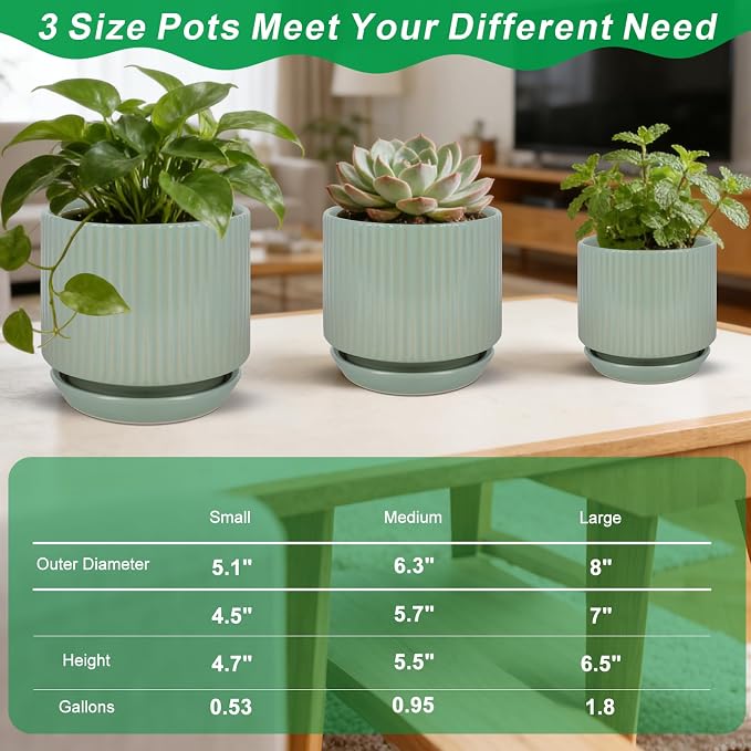 Ceramic-5-inch-Flower-Pots-with-Saucer, Small Planters for Indoor Plants with Drainage Hole, White Textured Vertical Stripe Plant Pots for Home Decor, Garden Pot For Succulent Cactus Mint Basil Herb